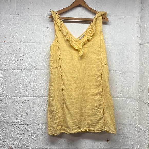 Faherty Ellis Sleeveless Ruffle Yellow Linen Shift Mini Dress Size medium - Picture 3 of 6